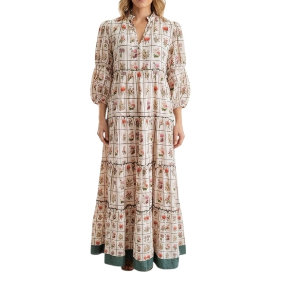 Anna Cate Dresses & Skirts - Anna Cate Vintage Stamp Emily Floral Maxi Dress Linen Cotton Size M